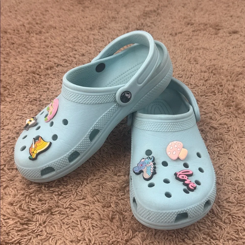 CROCS Kids Girls Sky Blue Clogs with Playful Charms Size J5